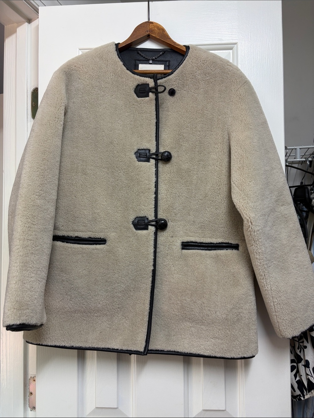 Lucky brand Faux fur Toggle Coat in Cream with Black Trim